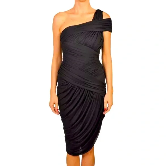 halston heritage black one shoulder dress NEW HALSTON HERITAGE Black SHIMMER Floral JACQUARD One Shoulder COCKTAIL DRESS 2